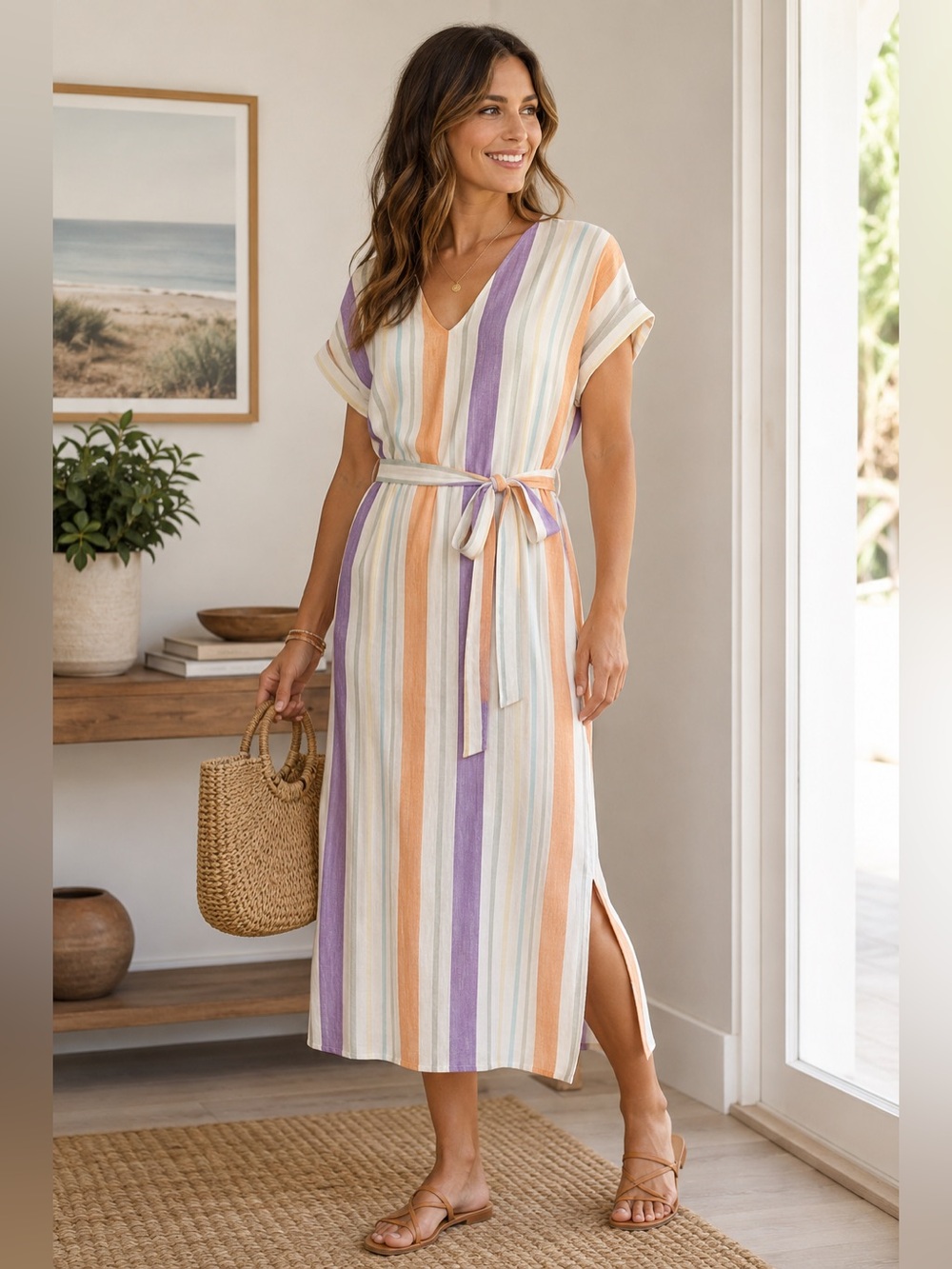 TART Collections Cassia Stripped Midi Linen Dress Size Medium